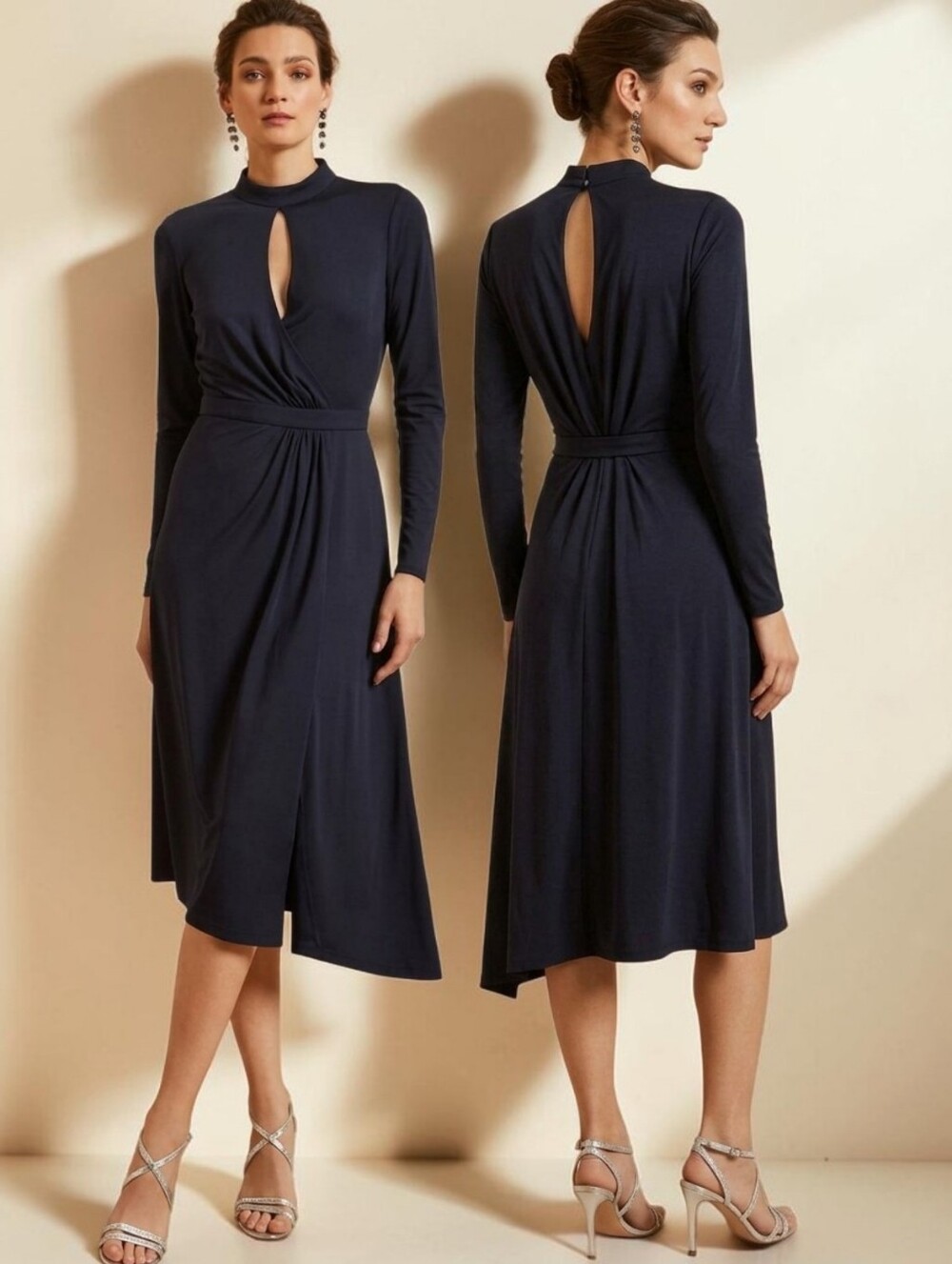 TED BAKER Astrid Navy Asymmetric Keyhole Jersey Midi Dress - Size 10
